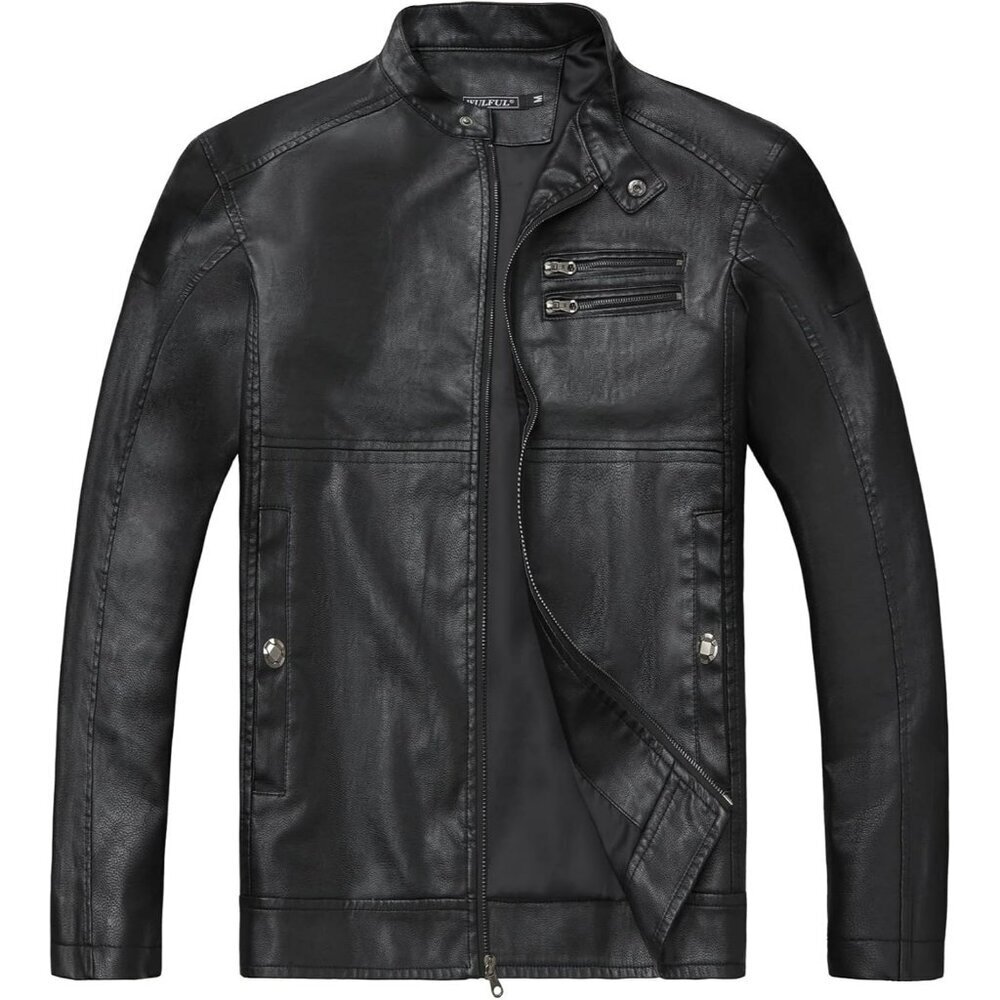 Men's Black Faux Leather Stand Collar Zipper Classic Biker Jacket Slim Fit